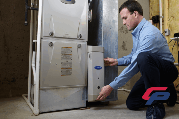 An HVAC technician prepares to inspect a whole-home air purifier filter.