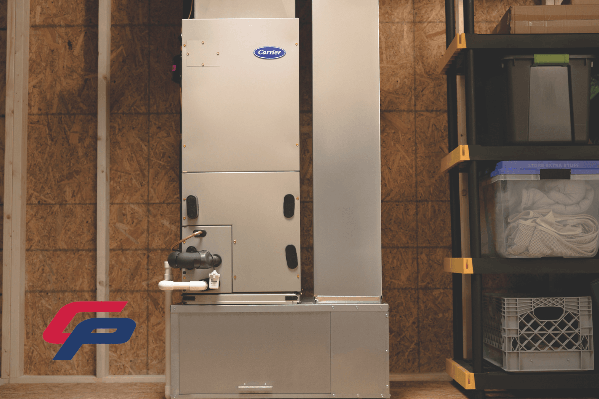 Indoor HVAC condenser unit in the utility room of a Delmarva home.