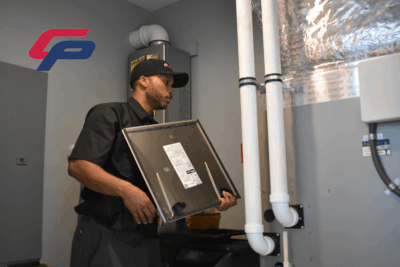 A bonded and insured CPS HVAC technician removes an HVAC condenser unit access panel during a Service Plan maintenance visit.