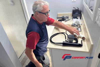 CPS Plumber prepares to install or replace a bathroom faucet.