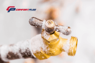 Frozen outdoor hose bib faucet.