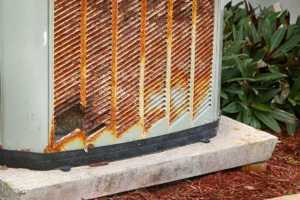 Corrosive saltwater damage on an exterior HVAC condenser unit near the shore.